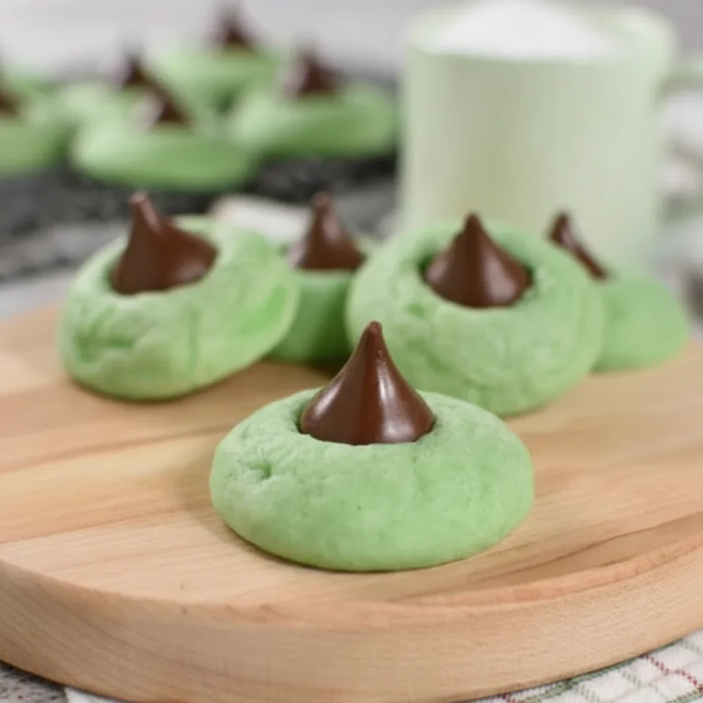 Green cookies topped with chocolate peaks arranged on a wooden board.