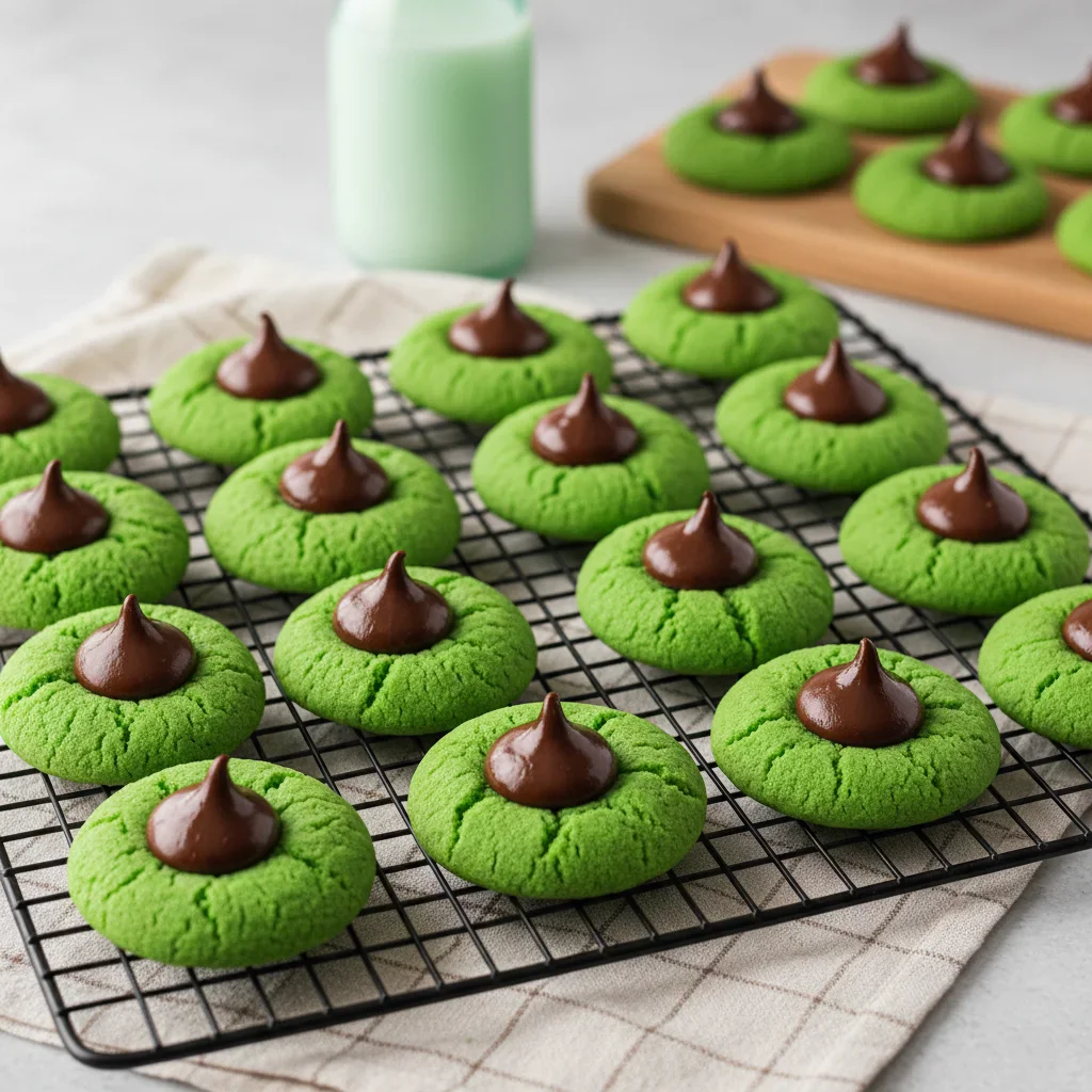 Green cookies topped with chocolate kisses cooling on a wire rack, with a blurred background of a bottle and baked goods.