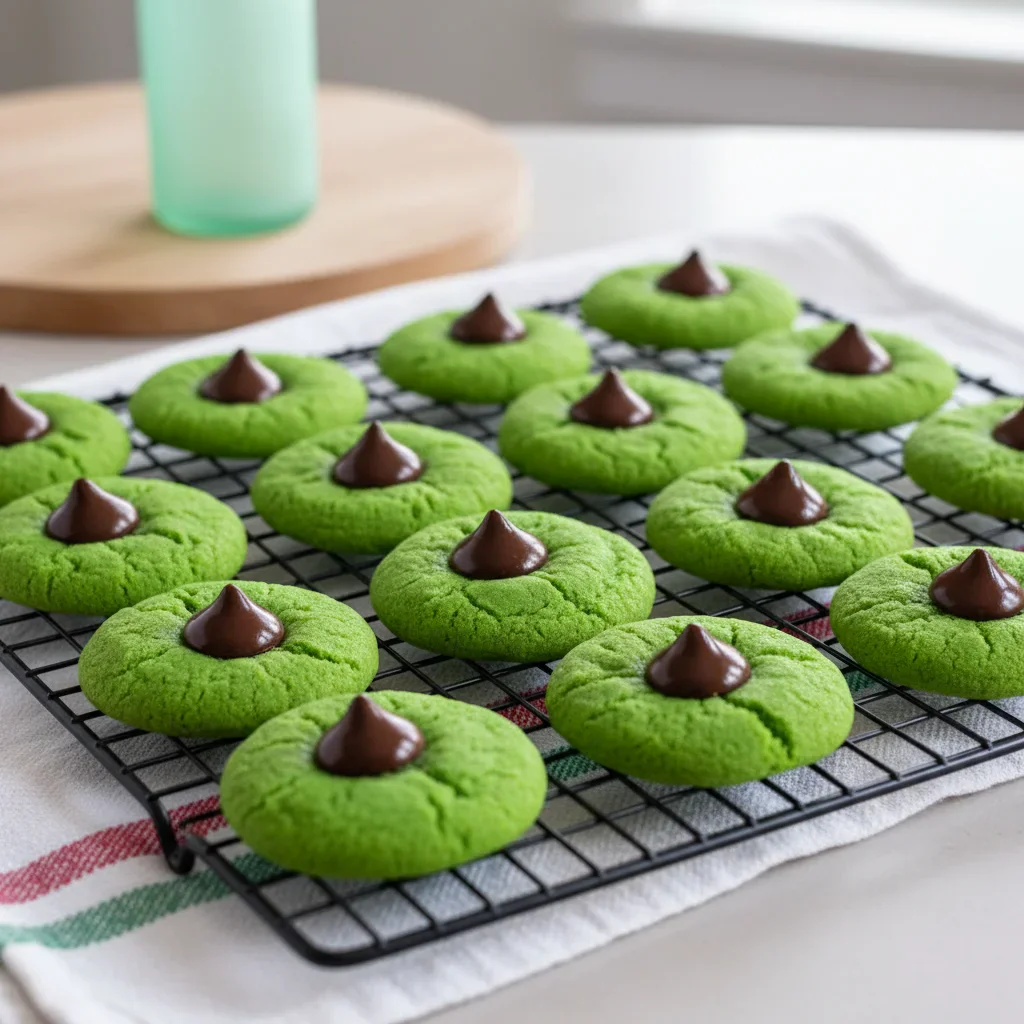 Green cookies with chocolate dollops cooling on a wire rack, with a blurred background of a bottle and cutting board.
