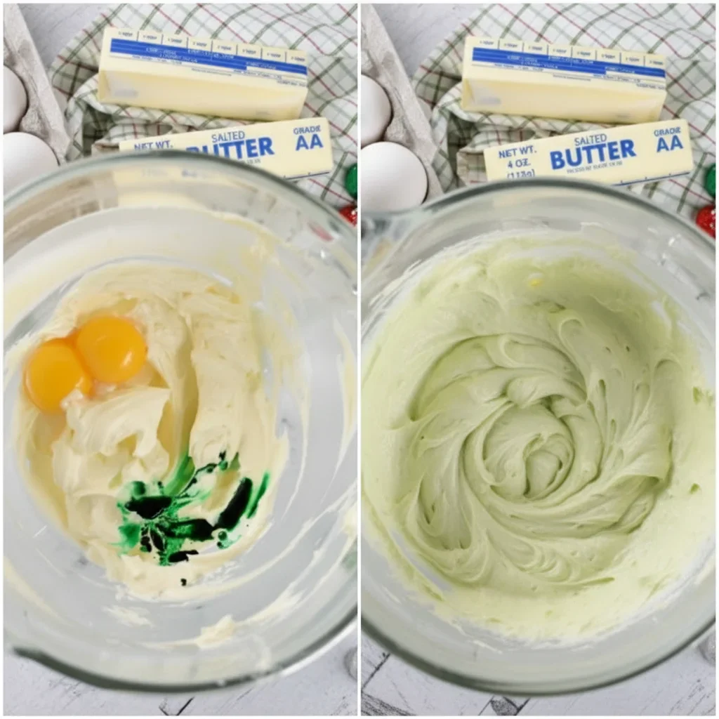 Two-stage mixing process with eggs and butter, showing ingredients and smooth batter in a baking step.