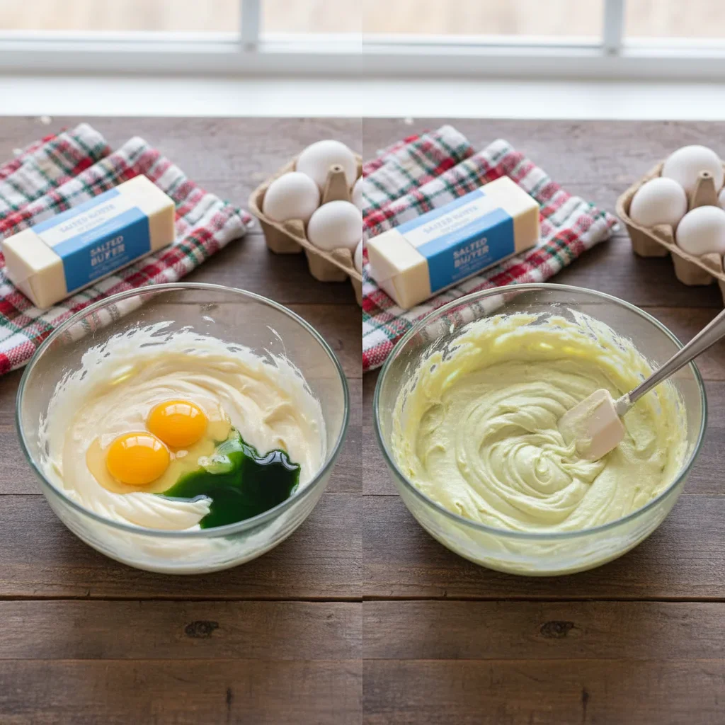 Two images showing mixing eggs and butter into a creamy batter, with food coloring added, in a glass bowl.