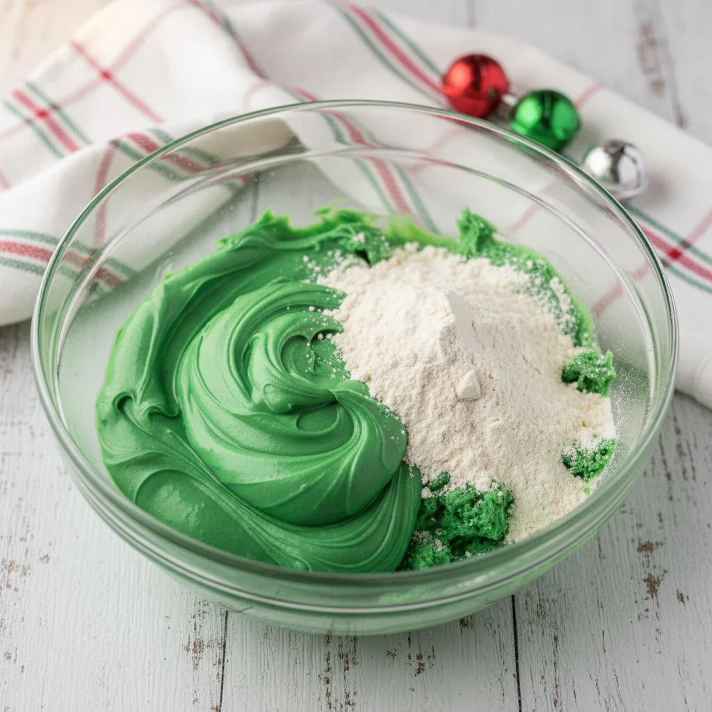 Glass bowl with bright green frosting, half mixed with flour sprinkled on top, on a white surface with checkered cloth.