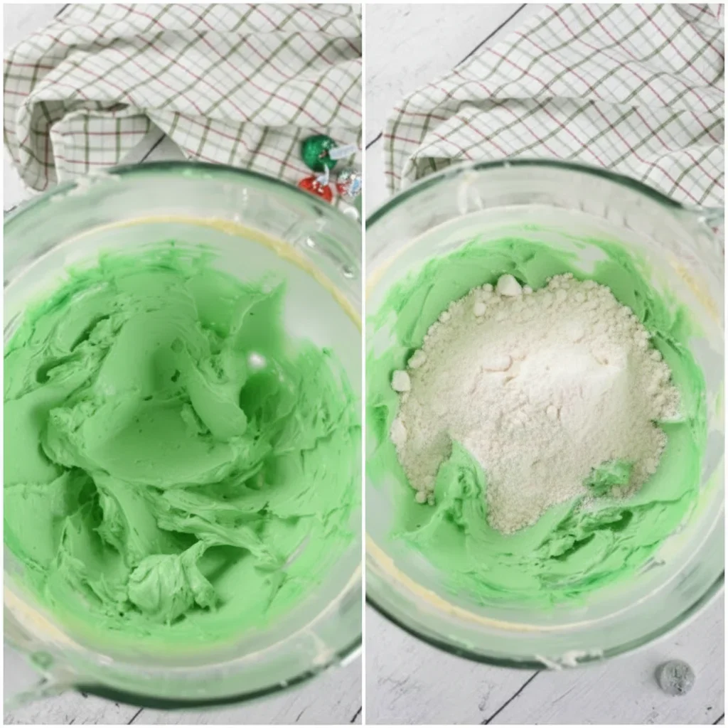 Glass bowl with green frosting on the left and flour added on top on the right, on a white surface with checkered cloth.