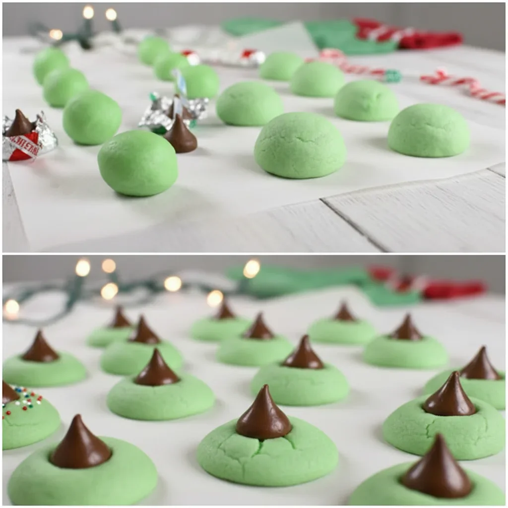 Green dough balls shaped like Christmas trees with chocolate cones on top, decorated for the holidays.