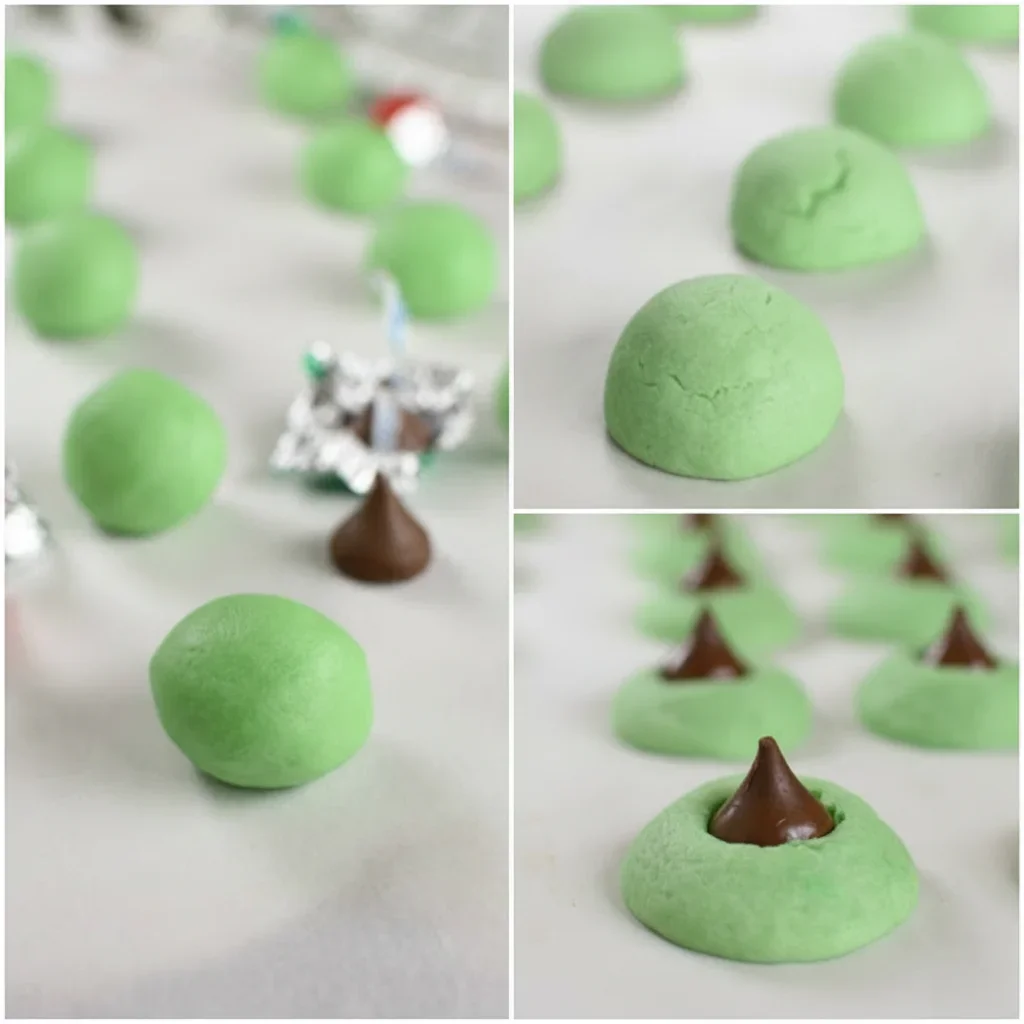Green dough balls decorated with chocolate to resemble small Christmas trees on a white surface.