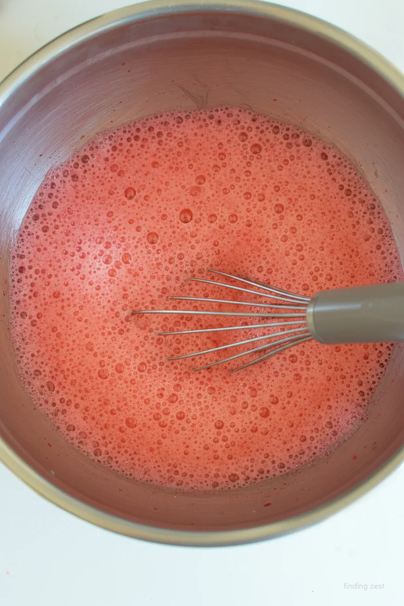 A stainless steel bowl with a red, frothy mixture and a whisk inside, ready for mixing.