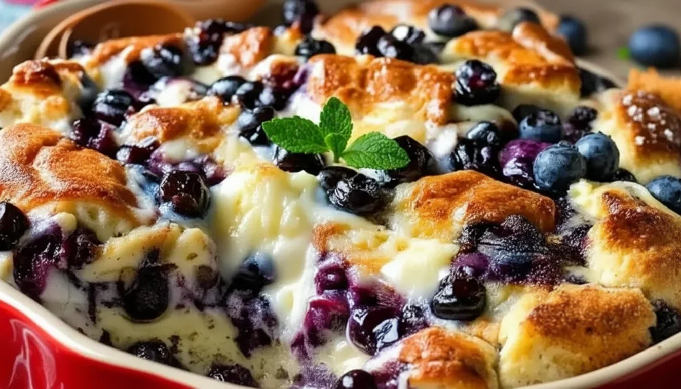 Fresh blueberry cobbler with a golden crust and blueberries, garnished with mint in a red baking dish.