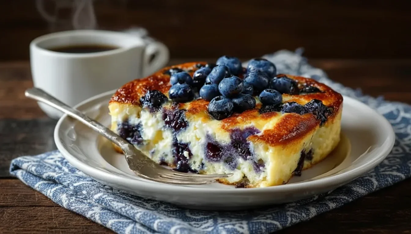 A slice of blueberry cheesecake with fresh blueberries on top, served on a white plate with a fork and coffee in the background.