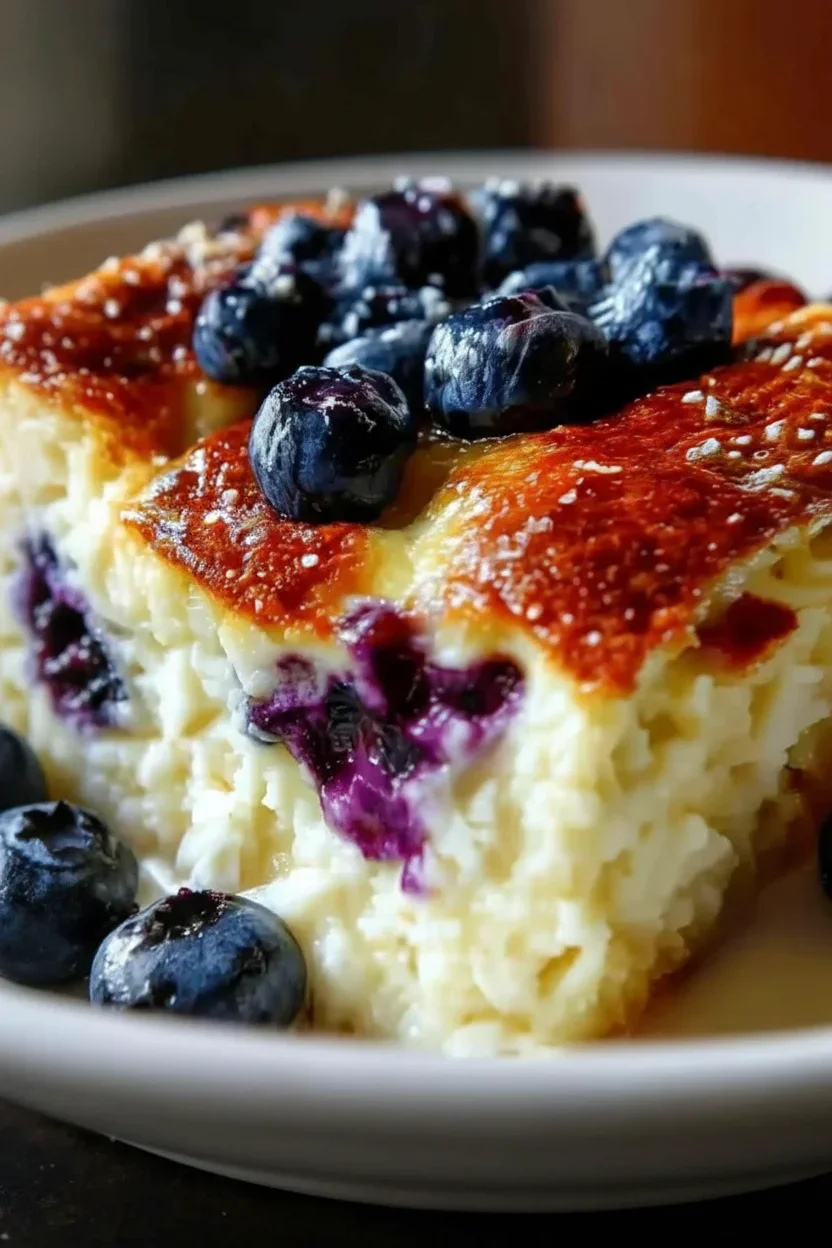 Close-up of a blueberry cheesecake slice with fresh blueberries on top and a creamy interior.