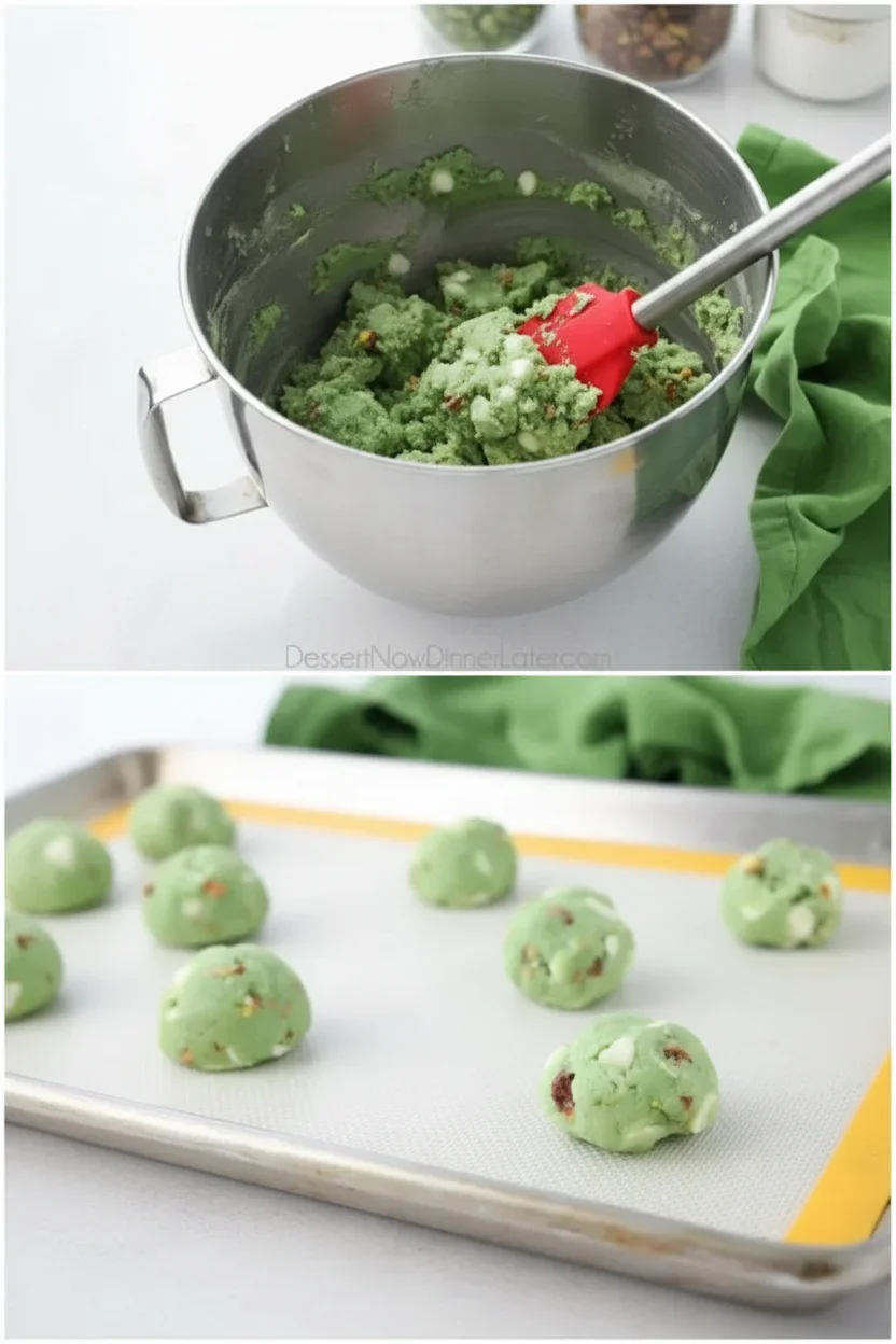 Small green dough balls with nuts or dried fruit on a silicone baking mat, ready for baking.
