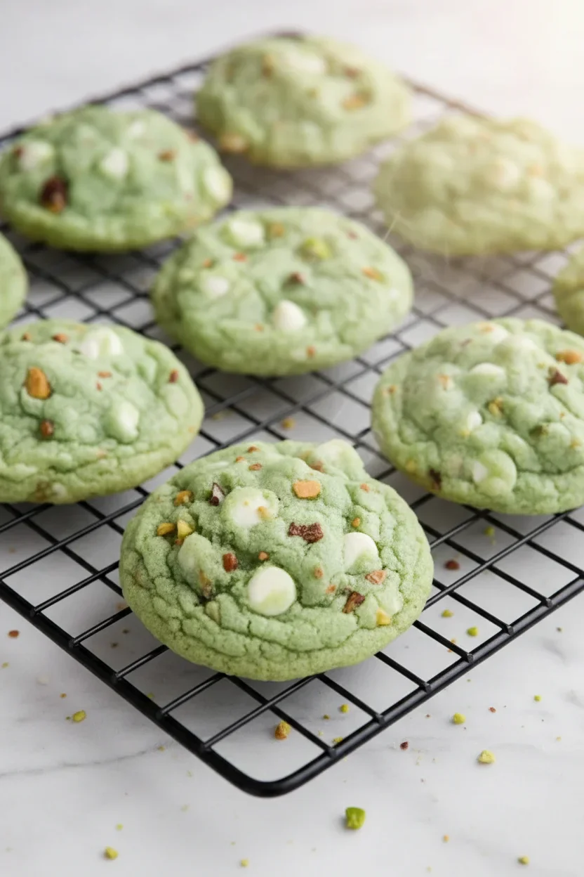 Nine green cookies with white and brown chips on a black wire cooling rack over a white marble surface.