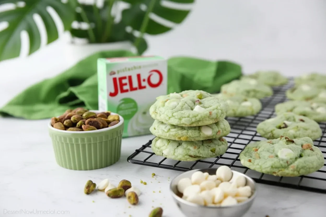 Stack of green pistachio cookies with white chocolate chips cooling on a wire rack, with pistachios and pudding mix in the background.