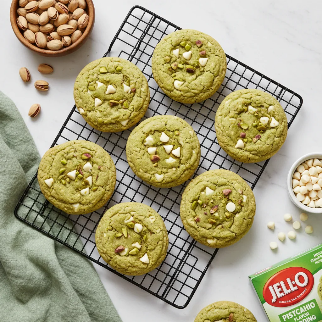 Green pistachio cookies with white chocolate chips and chopped pistachios on a cooling rack, with ingredients around.