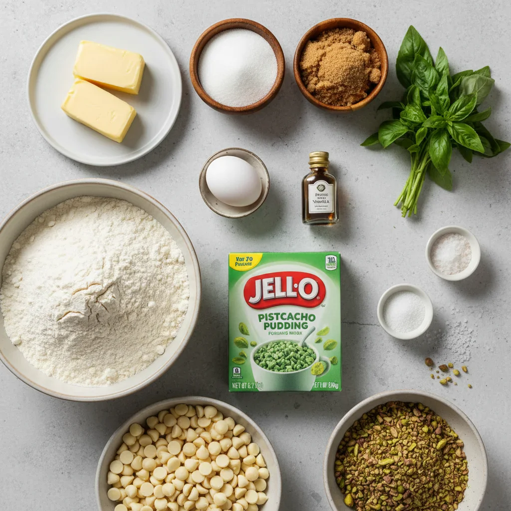 Assorted baking ingredients including butter, sugar, flour, eggs, vanilla, and nuts arranged on a white surface.