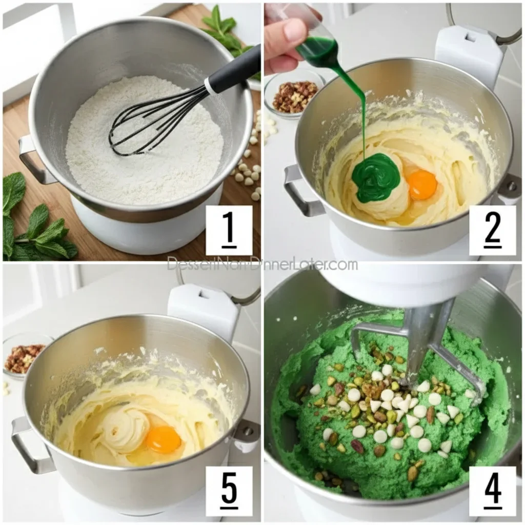 Four-step collage showing flour, batter mixing, adding green coloring, and incorporating mix-ins in a stand mixer.