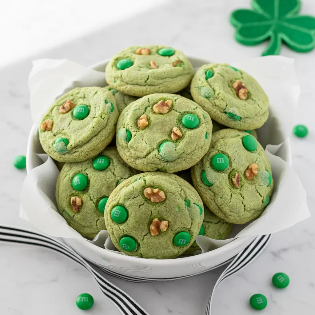 Cookies with green M&Ms and nuts in a white bowl on a marble surface, with a black and white ribbon and shamrock decoration.