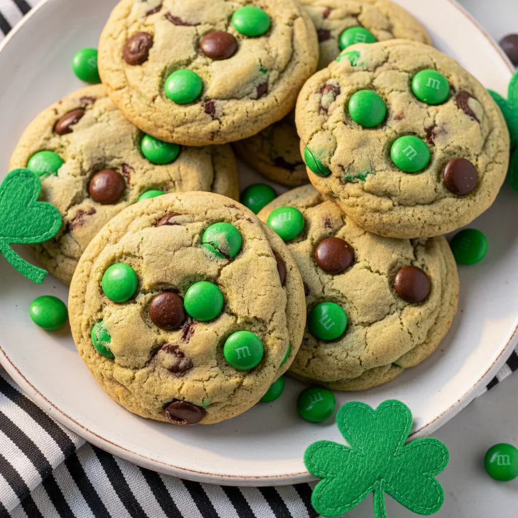 Cookies with chocolate chips and green candies on a white plate with shamrock decorations.