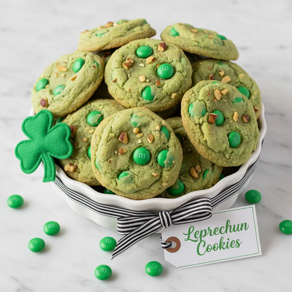 Green-colored cookies with M&Ms and nuts in a white dish, decorated for St. Patrick's Day.