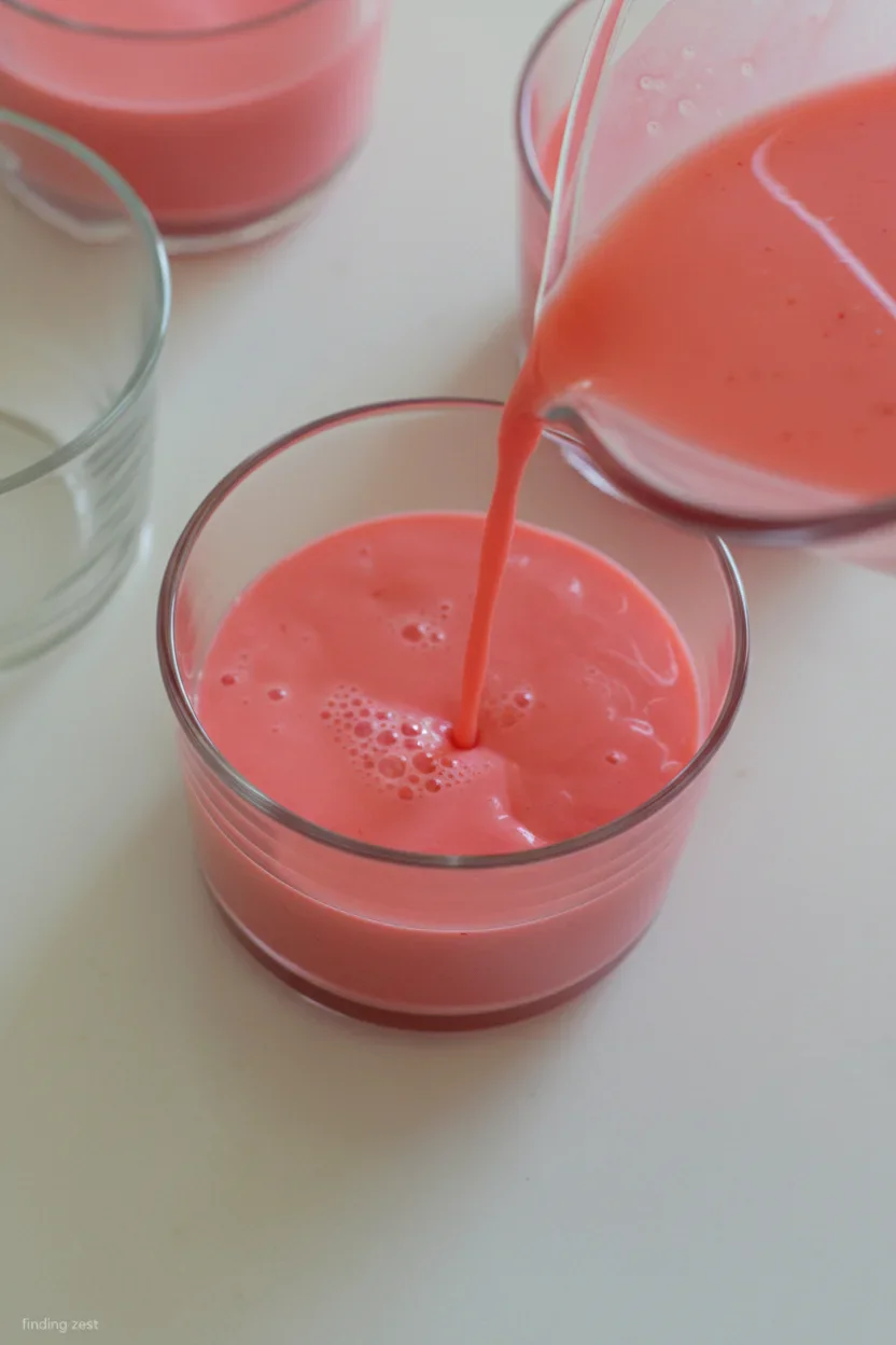 A glass being filled with a pink, creamy drink from a pitcher, with other glasses in the background.