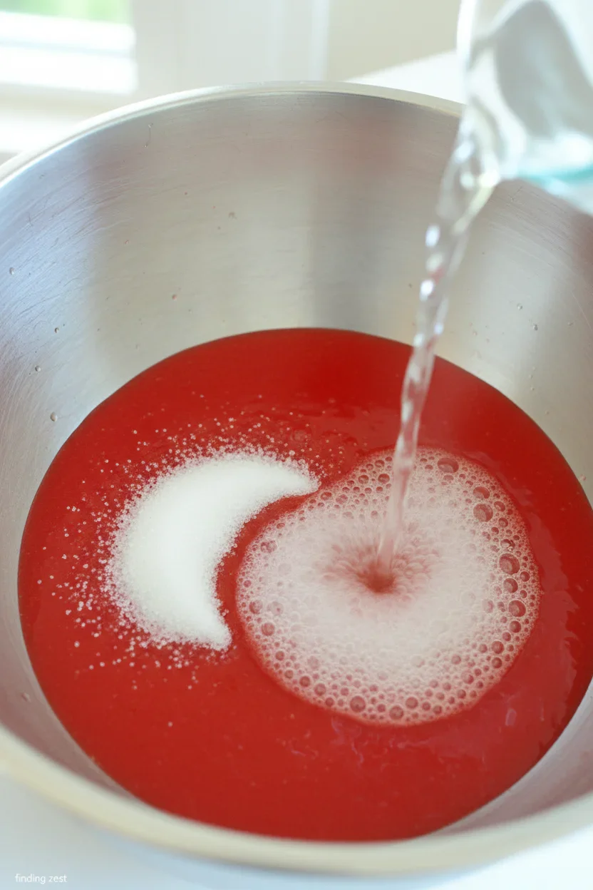 Close-up of a bowl with red liquid, water being poured in, and a line of powder on top.