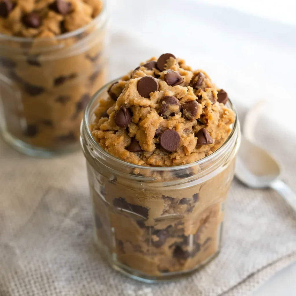 Close-up of a jar filled with chocolate chip cookie dough, with a second jar in the background.
