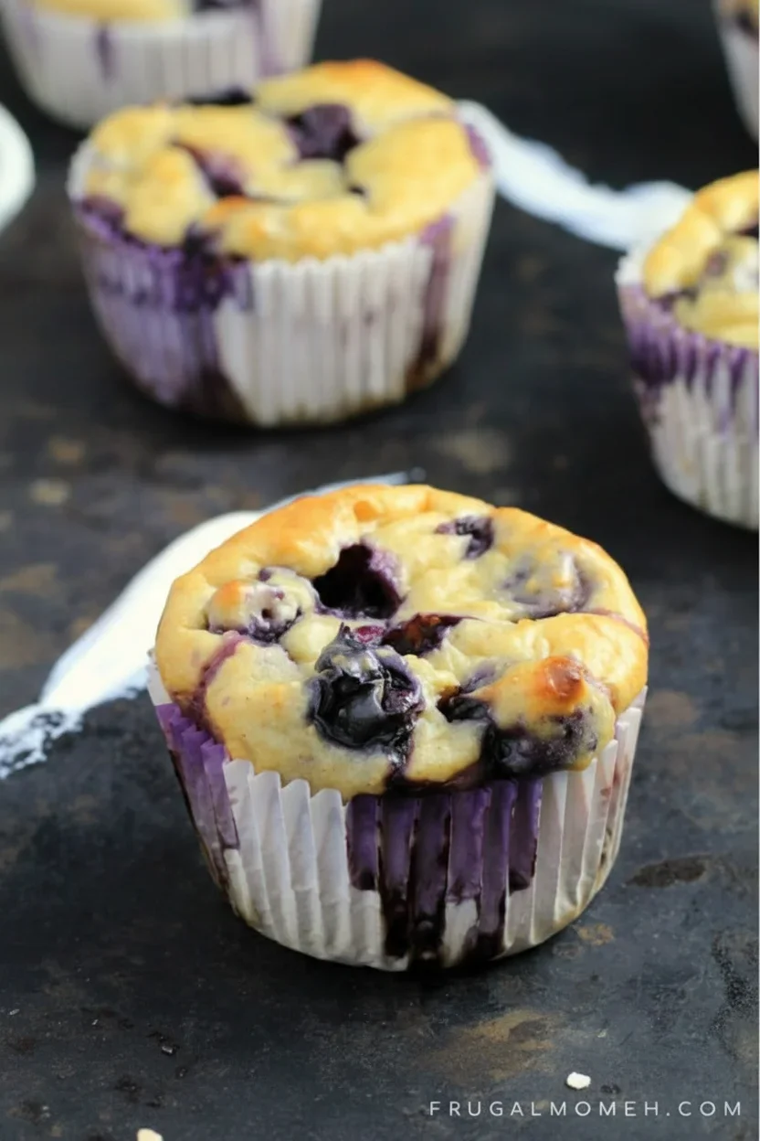 Close-up of a blueberry oatmeal Greek yogurt muffin in a purple striped paper liner on a dark surface, with blueberries visible on top.