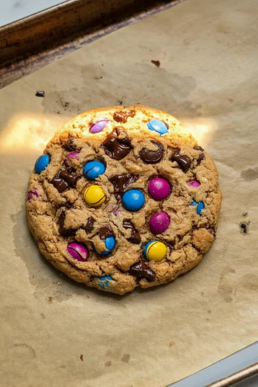A large, homemade chocolate chip cookie with colorful candies and melted chocolate chips on parchment paper.