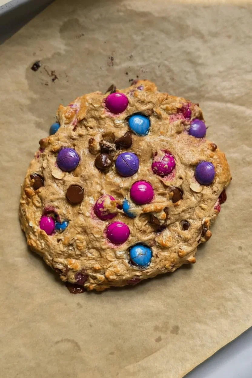 A thick, round cookie with colorful candy-coated chocolates on top, on parchment paper.
