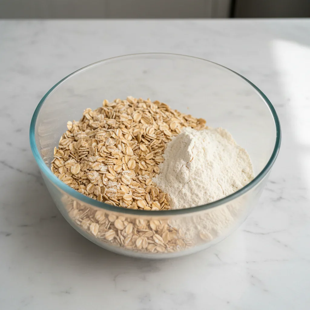 Single-Serve-Protein-Cookie-Step-1-683x1024.jpg Clear glass bowl with oats and flour on a light countertop, ready for baking.