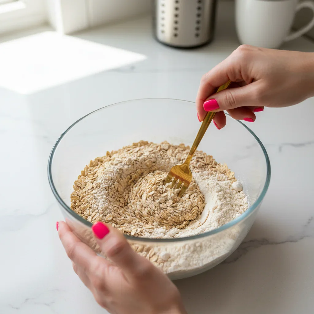 Single-Serve-Protein-Cookie-Step-3-683x1024.jpg Person stirring dry oats or flour mixture in a glass bowl with a gold fork, pink nails visible.