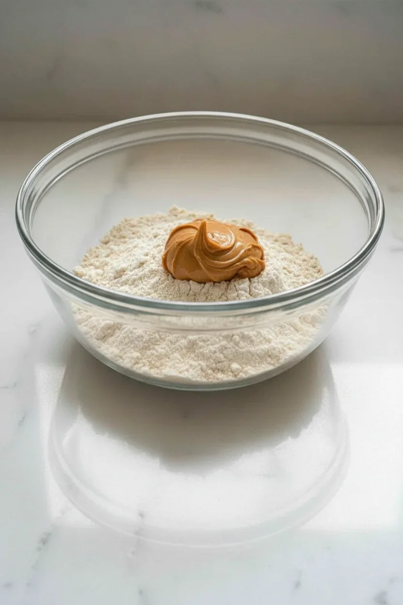 Single-Serve-Protein-Cookie-Step-4-683x1024.jpg Glass bowl with flour and a dollop of peanut butter on top, ready for mixing in a kitchen setting.