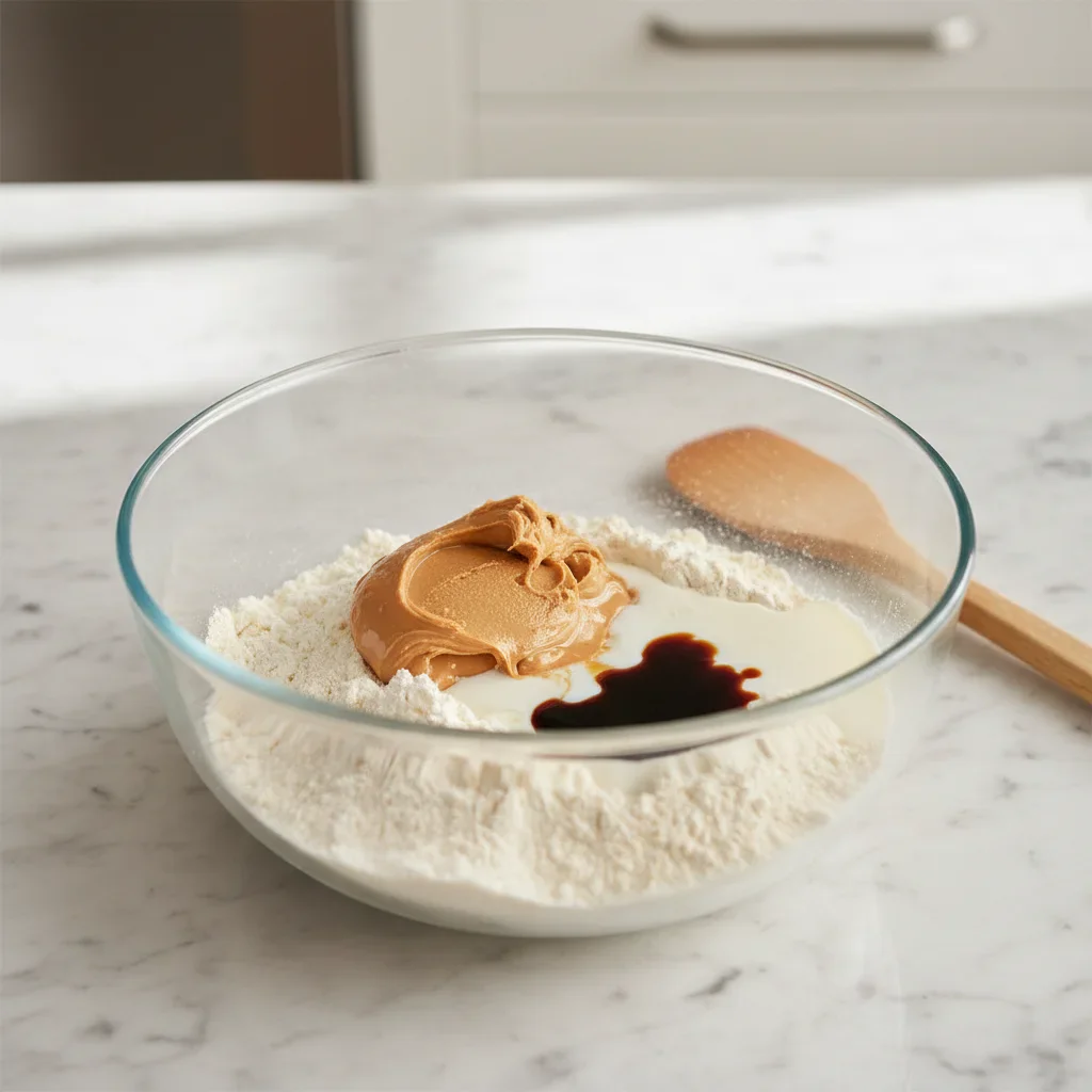 Single-Serve-Protein-Cookie-Step-5-683x1024.jpg Mixing bowl with flour, peanut butter, milk, and soy sauce on a light countertop, ready for mixing.