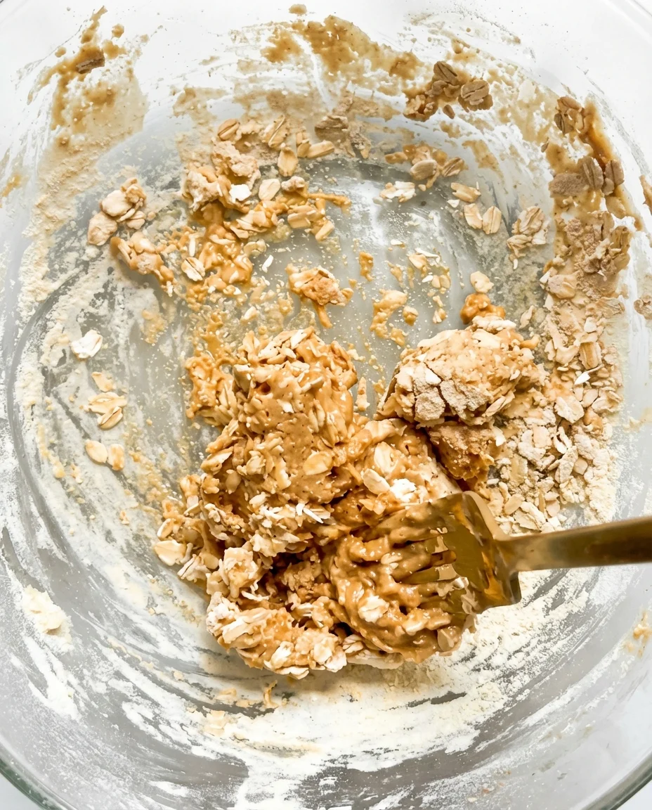 Single-Serve-Protein-Cookie-Step-6-683x1024.jpg Close-up of a mixing bowl with sticky cookie dough and a spatula in the process of mixing.