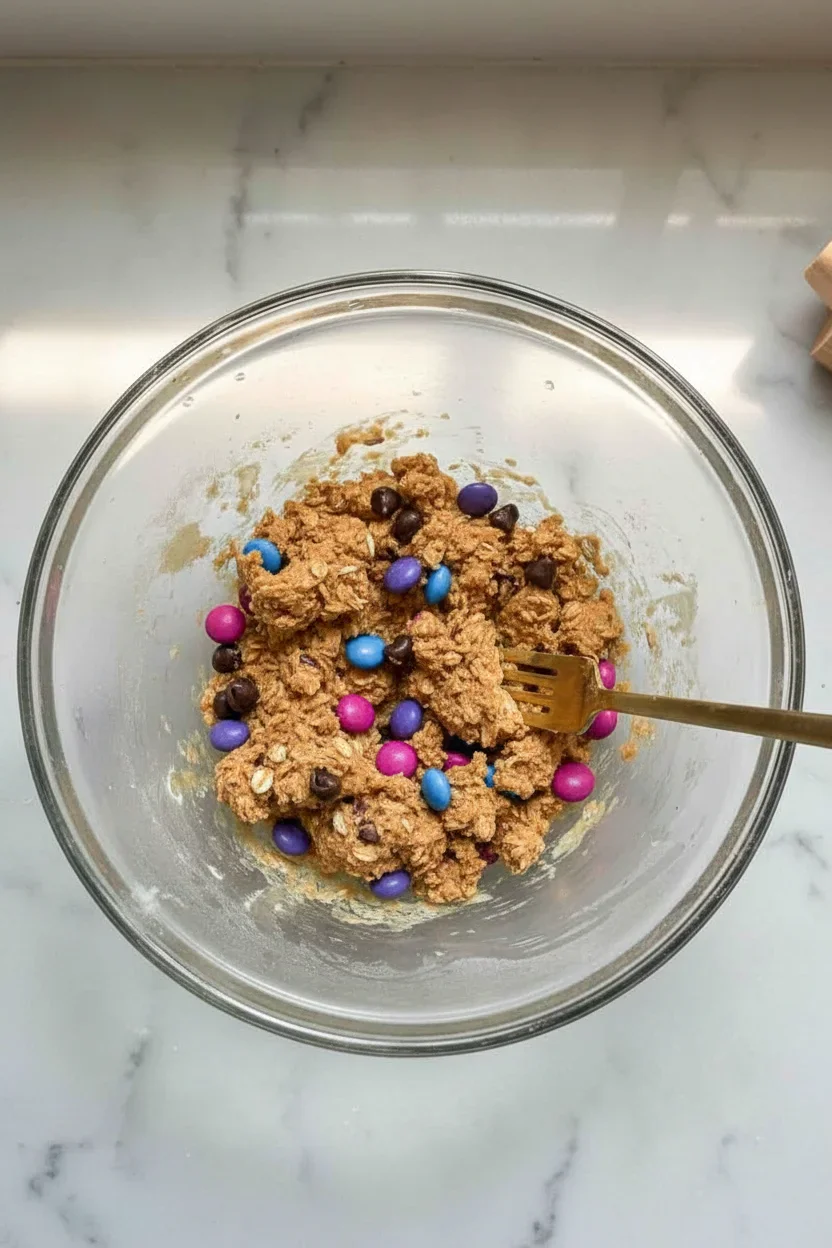 Mixing bowl with cookie dough, chocolate chips, and colorful candies on a marble countertop.