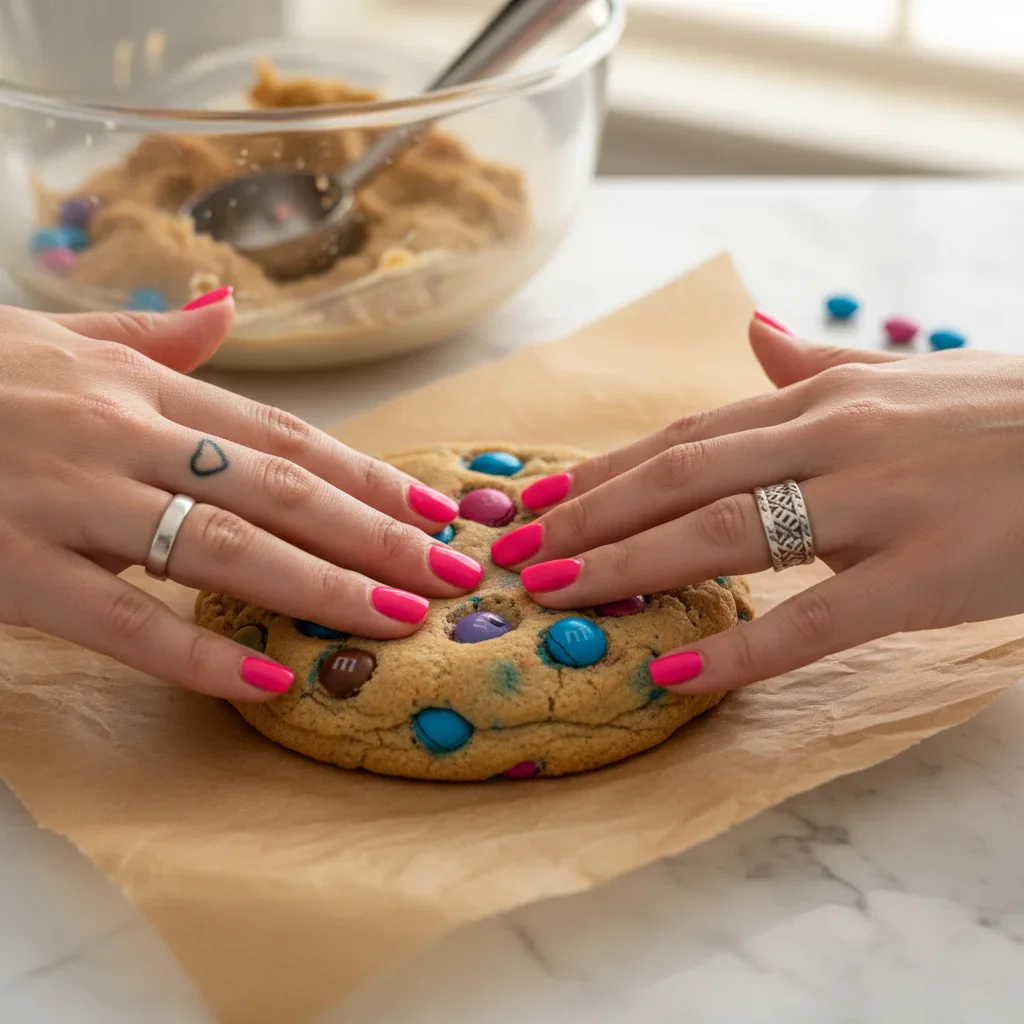 Single-Serve-Protein-Cookie-Step-9-683x1024.jpg Hands pressing down on a decorated cookie with colorful candies, with a mixing bowl in the background.