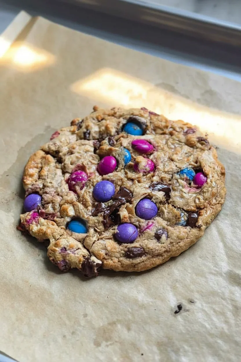 A homemade chocolate chip cookie with colorful candies on parchment paper, showing a golden-brown crust and chewy center.