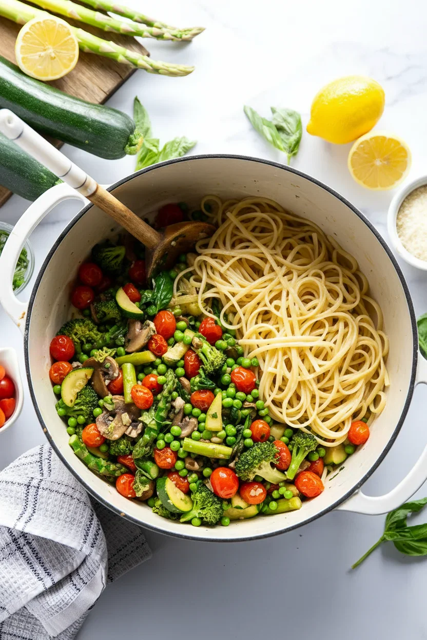 Spring-Primavera-Assembly.jpg A pot of colorful vegetable pasta with cherry tomatoes, zucchini, broccoli, mushrooms, and peas topped with fresh ingredients around.