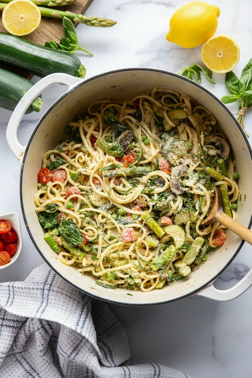 Spring-Primavera-Closeup-Left.jpg A large pot of vegetable pasta with cheese, surrounded by fresh zucchini, lemons, and herbs on a light surface.