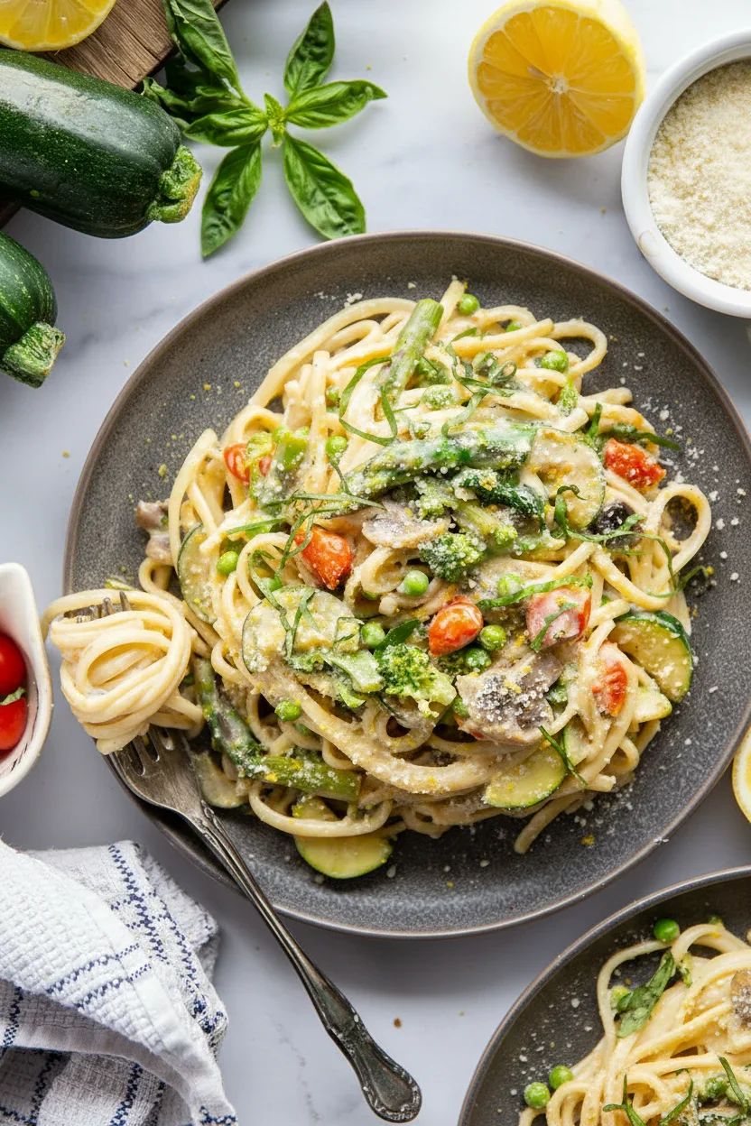 Spring-Primavera-Closeup-Plated.jpg Plate of creamy vegetable pasta with cherry tomatoes, zucchini, peas, grated cheese, and fresh herbs on a marble surface.