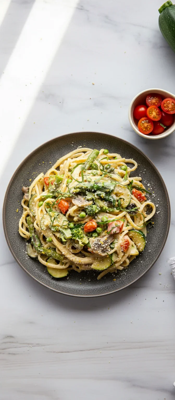 Spring-Primavera-Collage.jpg Colorful plate of spring pasta with fresh vegetables, garnished with cheese and herbs, on gray plate.