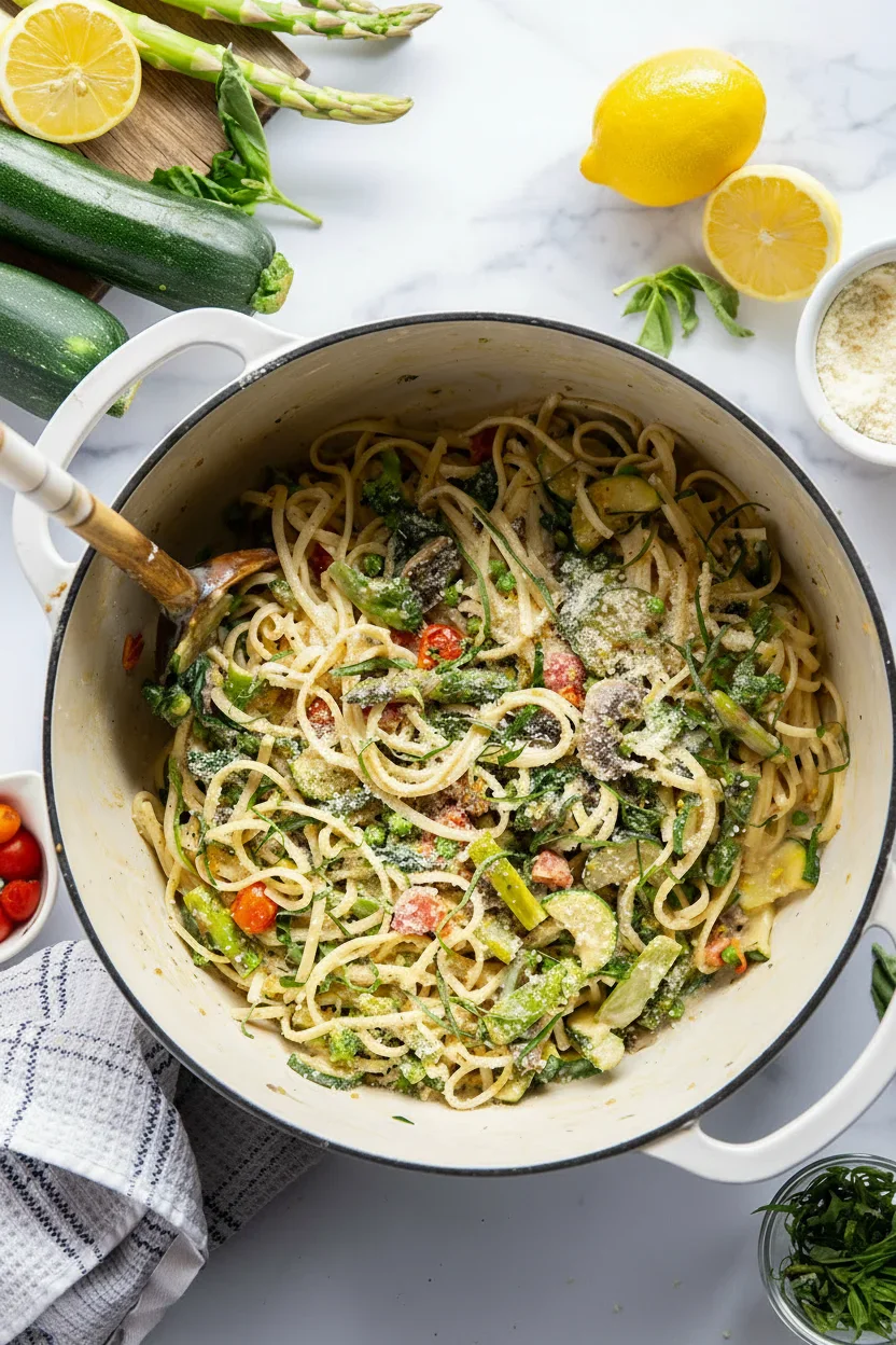 Spring-Primavera-Full-Pot.jpg Creamy vegetable pasta with herbs and cheese in a white pot, surrounded by fresh vegetables and lemon.