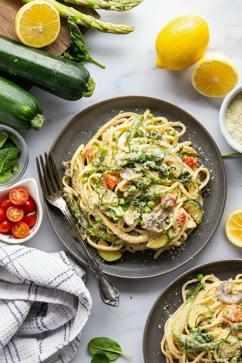 Spring-Primavera-Plated-Overhead.jpg Creamy zucchini pasta with cherry tomatoes and herbs on gray plate, surrounded by fresh vegetables and lemon slices.