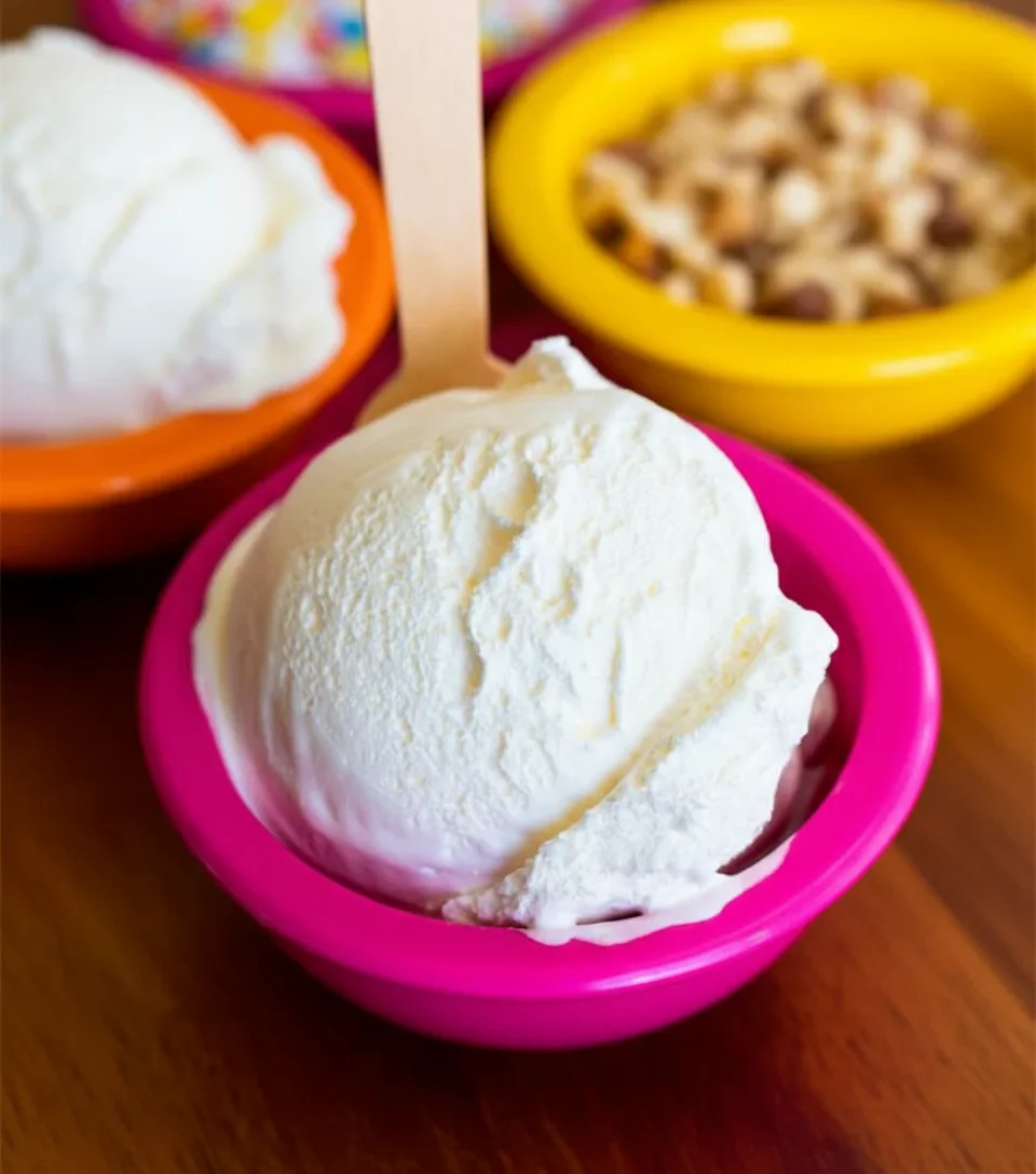 A scoop of vanilla ice cream in a pink bowl with colorful bowls in the background.