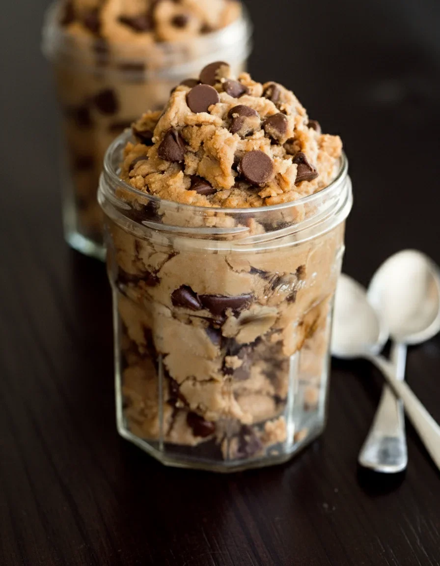 Jar filled with chocolate chip cookie dough, showing the textured dough and chocolate chips inside.