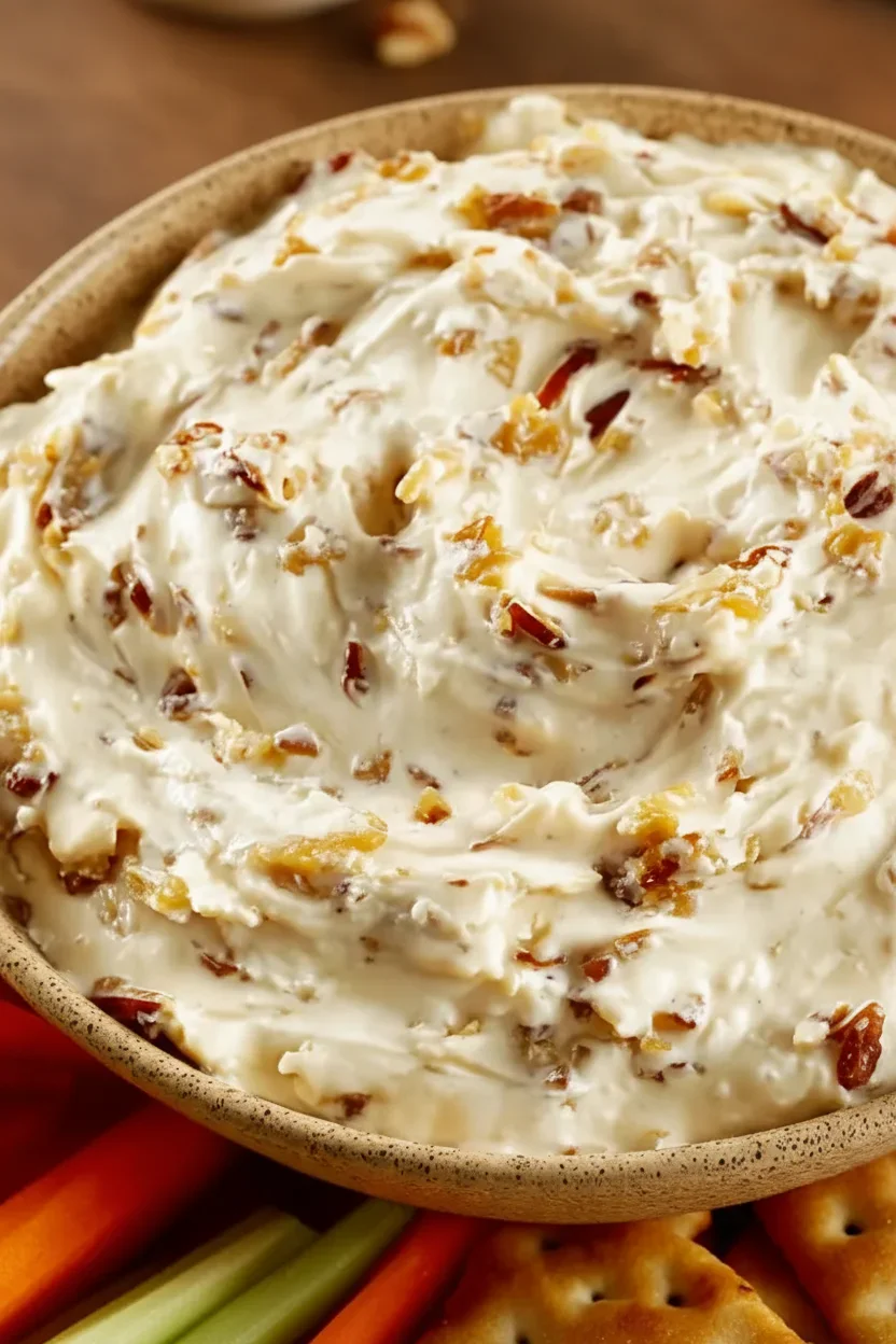 b982b4c0faa34162a788d2bbc6c4ec29.webp Close-up of a creamy dip with chopped nuts in a beige bowl, with vegetables and crackers nearby.