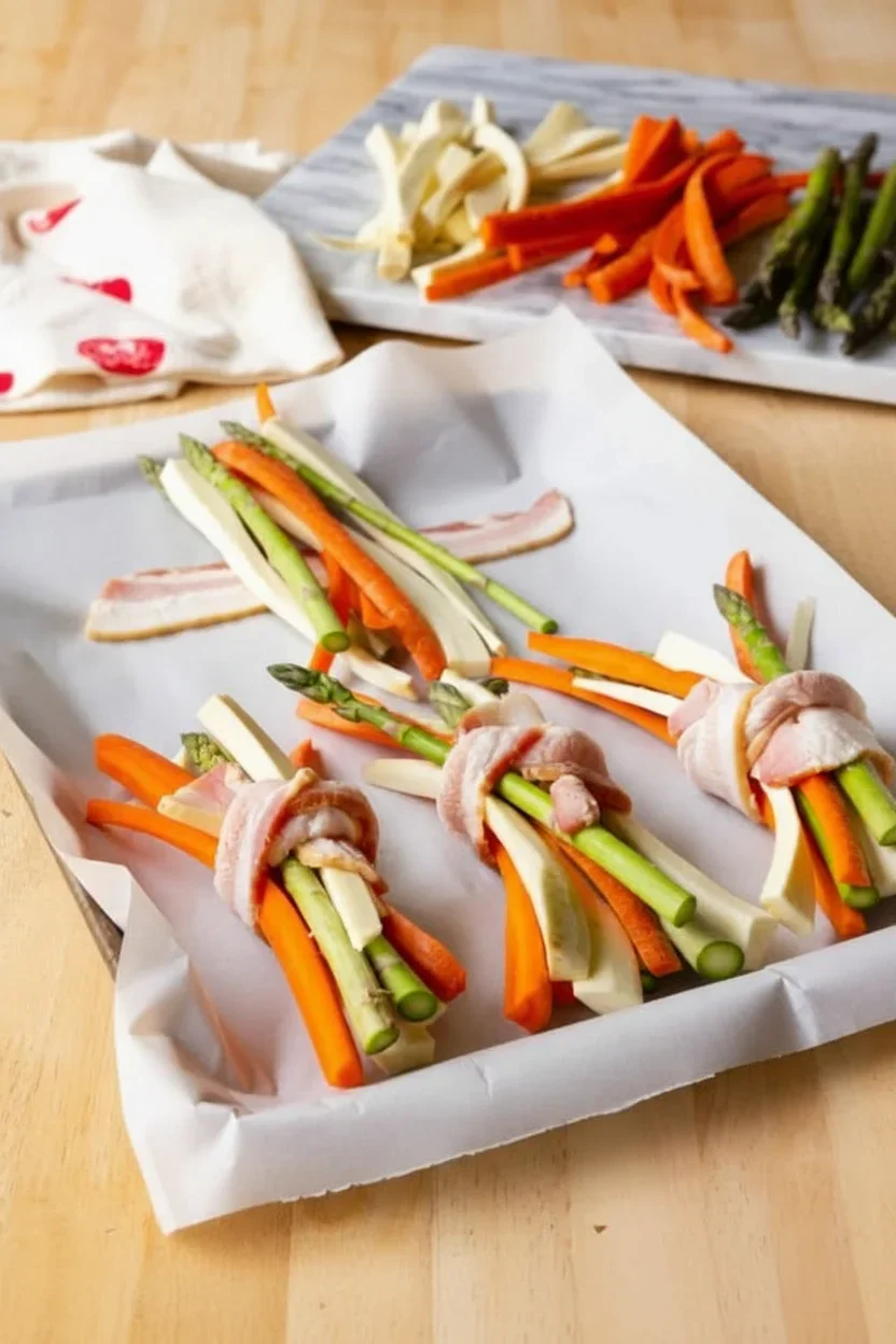 Close-up of bacon-wrapped vegetable bundles with carrots, asparagus, zucchini, and cheese on parchment paper.