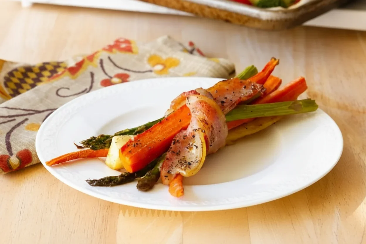 Bacon-wrapped carrots, asparagus, and zucchini on a white plate with a cloth napkin nearby.