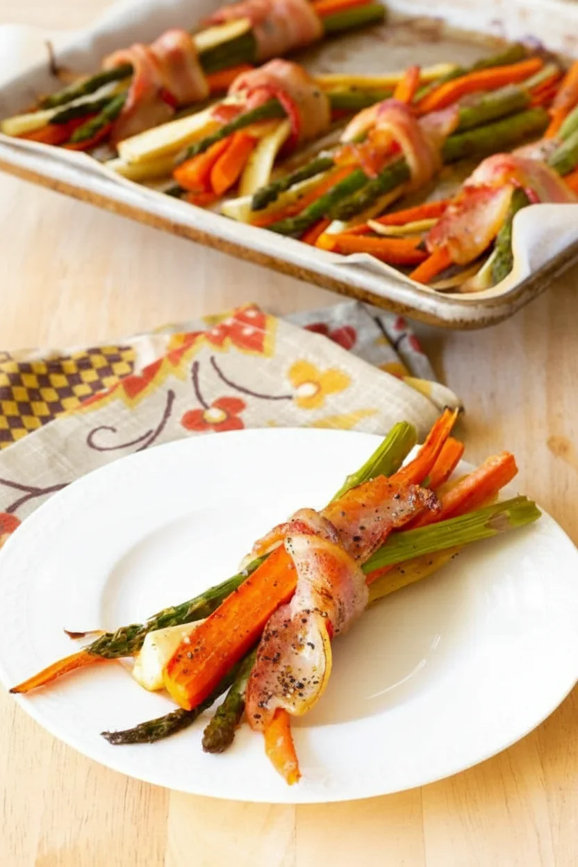 Bacon-wrapped vegetable bundles with carrots, asparagus, zucchini, and peppers on a white plate and baking dish in background.