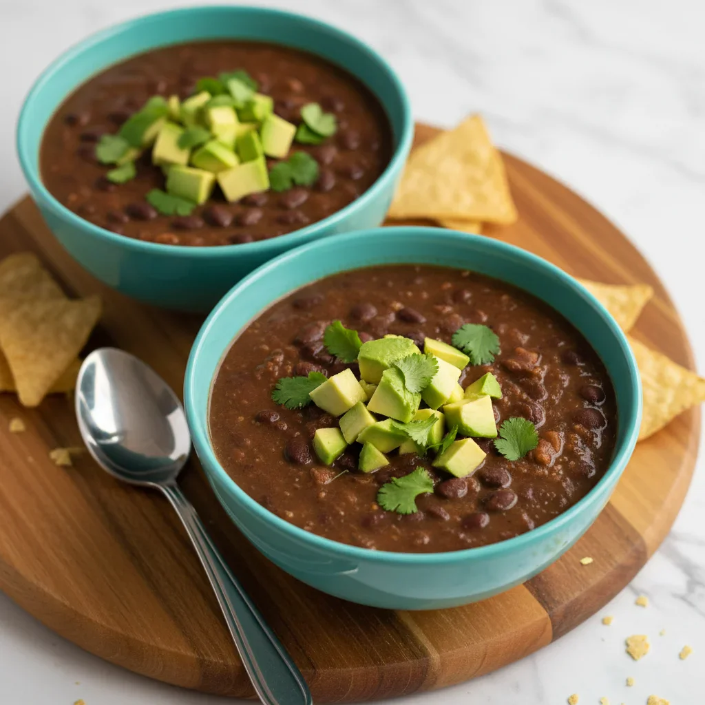 best-black-bean-soup-recipe-2.jpg Two bowls of black bean soup topped with avocado and cilantro on a wooden board with tortilla chips nearby.