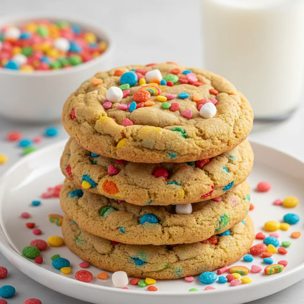 Close-up of decorated cookies with colorful sprinkles and candies, with a bowl of sprinkles and a glass of milk in the background.